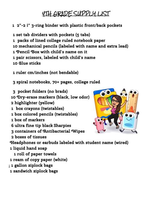 4th Supply List
